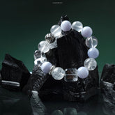 Lumi Reiki Throat Chakra Confidence Bracelet on a Model's Wrist - Stylish Jewelry for Self - Expression and Stress Relief