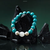 Lumi Reiki Amazonite Courage Boost Bracelet on a Model's Wrist - Stylish Jewelry for Stress Relief and Confidence Building