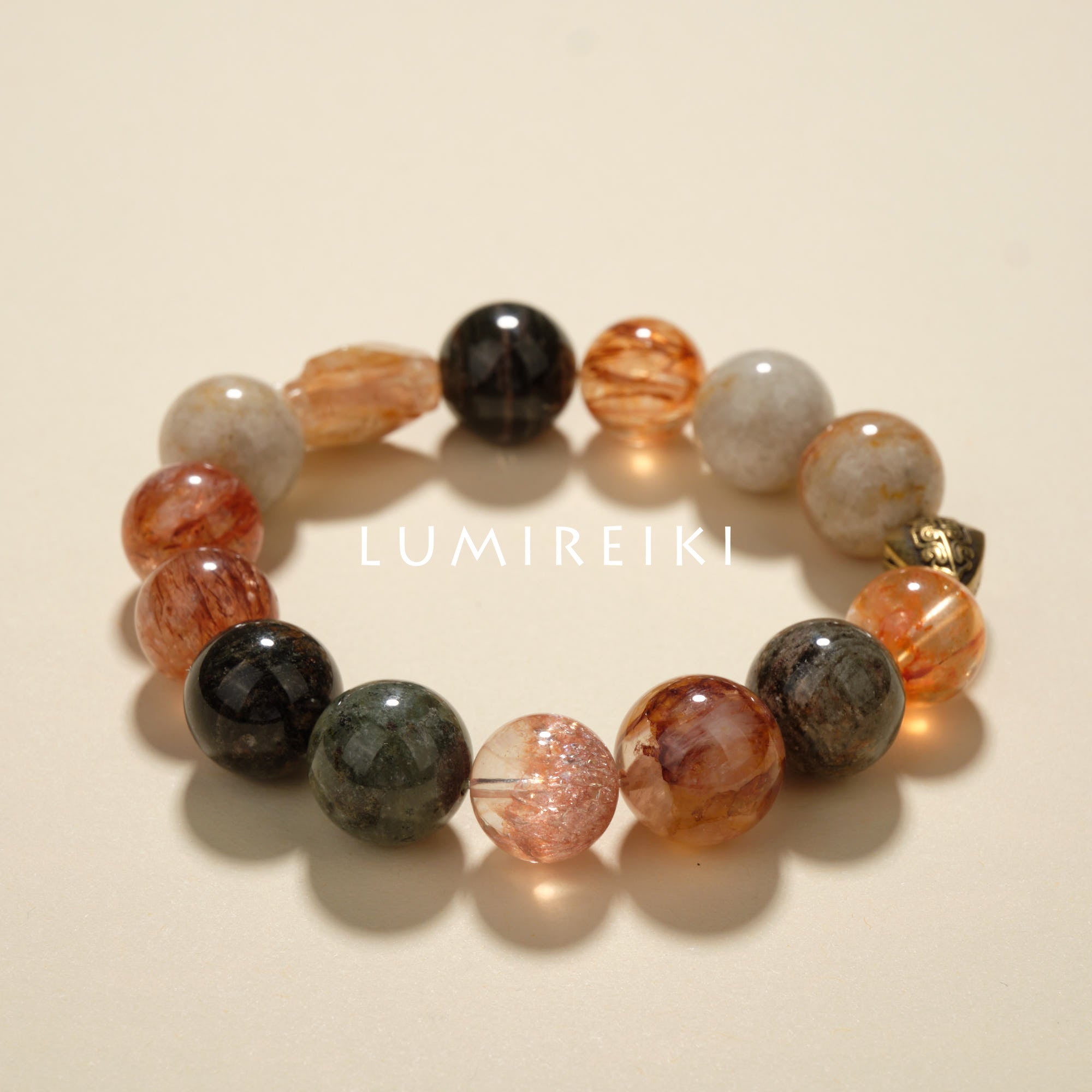 Peaceful Phantom Bracelet featuring diverse spiritual crystals for intuition, protection, emotional balance, and tranquility.