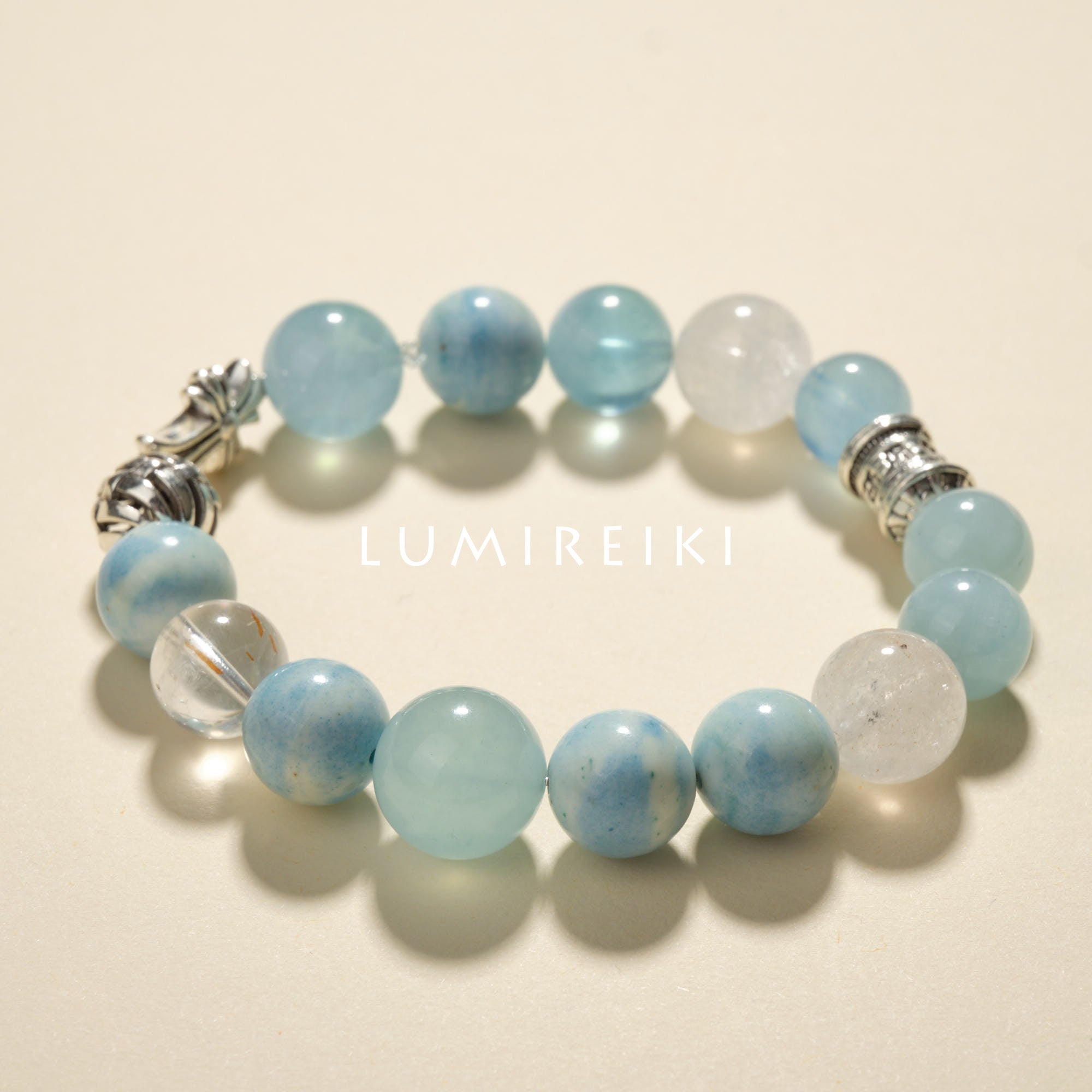 AquaFortify Bracelet with Aquamarine, White Agate, and Black Gold Super crystals for courage, clarity, and energy protection.