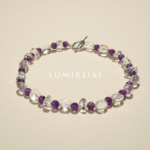 Amethyst Soul Soother Necklace with 8mm Uruguayan Amethyst and White Quartz beads for stress relief and mental clarity.